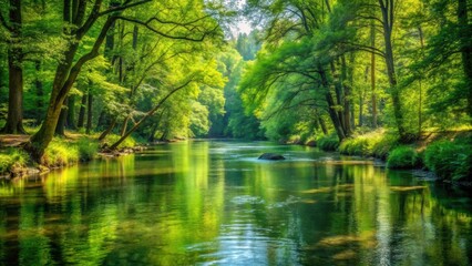 Fototapeta premium Scenic view of a peaceful river flowing through a lush forest, river, forest, nature, water, flowing, peaceful, serene