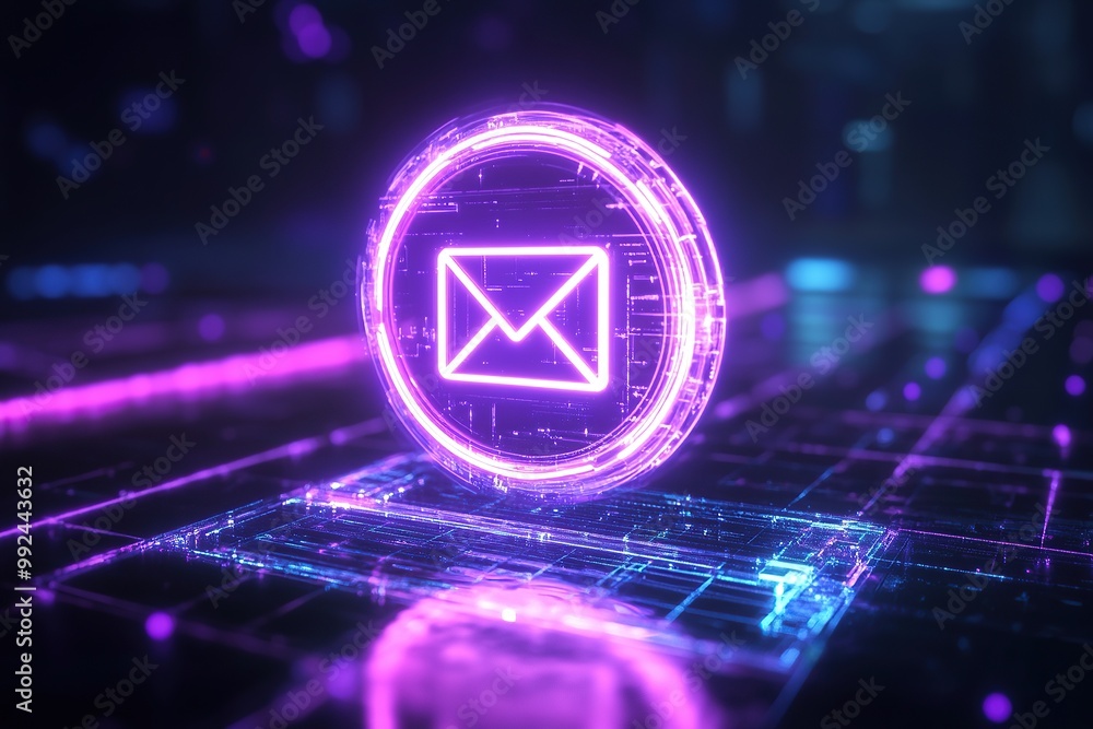 Fototapete a neon icon of an email with the ai letters on it floating in space, with dark background and purple