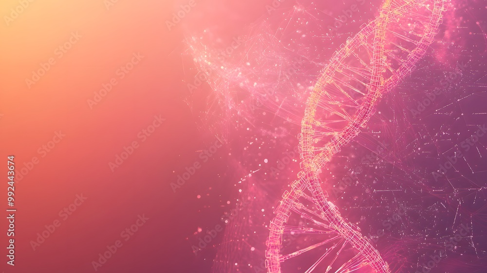 Poster abstract representation of a dna double helix with pink and yellow colors and a glowing effect