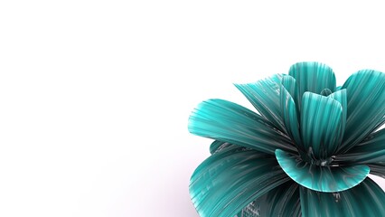 A 3D-rendered teal-colored abstract flower with wide, layered petals radiating outward. The unique, futuristic design combines organic and geometric elements, offering a modern.