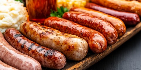 a traditional Oktoberfest table setting with a large wooden platter of German sausages sauerkraut mashed potatoes and pretzels accompanied by glass steins of beer captured in rustic warm tones