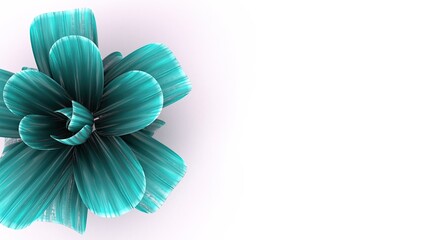 A 3D-rendered teal-colored abstract flower with wide, layered petals radiating outward. The unique, futuristic design combines organic and geometric elements, offering a modern.