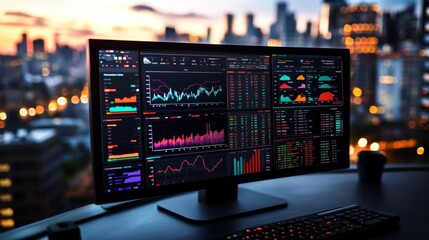 Large computer monitor multiple graphs charts displayed its Digital dashboard displaying real-time