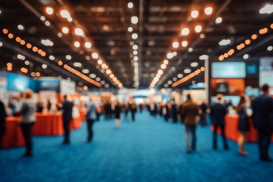 Large exhibition hall blue carpeted floor high ceiling Abstract blur people