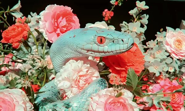 A blue snake surrounded by pink and red flowers.