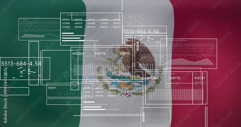 Poster data processing image over mexican flag with numerical and graphical elements