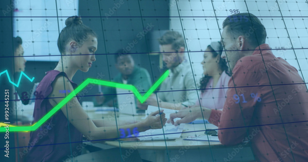 Aufkleber image of graph processing data over diverse colleagues discussing at casual meeting