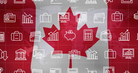 Canadian flag with financial and business icons image over world map