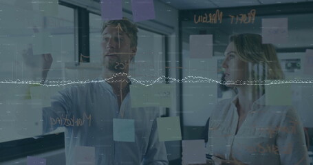 Image of financial data processing over diverse business people in office