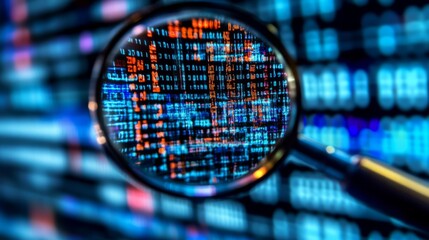Magnifying glass hovering over computer screen binary code