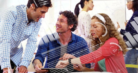 Image of financial data processing over diverse business people in office