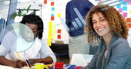 Image of financial data processing over diverse business people in office