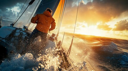 Fototapeta premium Person sailboat ocean sunset is wearing orange jacket A sailor