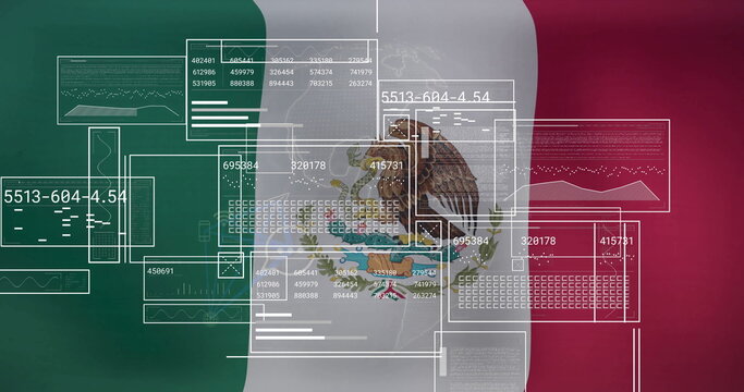 Data processing image over Mexican flag with numerical and graphical elements - Powered by Adobe