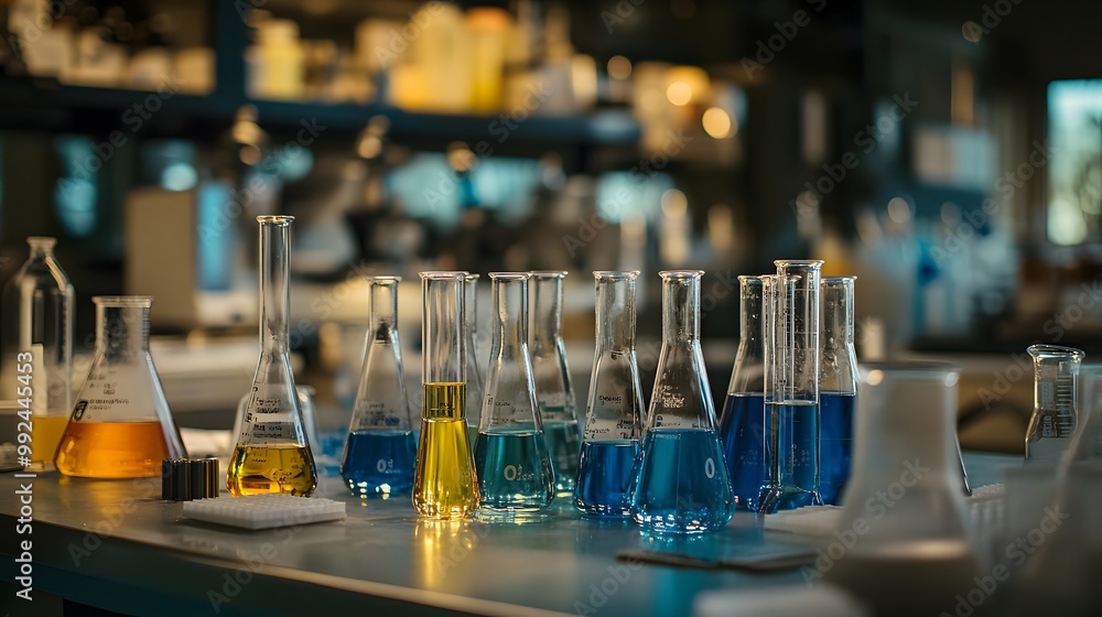 Poster a row of glass flasks with colored liquids in a laboratory setting