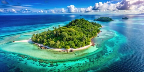 Stunning aerial view of a lush tropical island surrounded by turquoise oceans and pristine beaches , tropical, island, aerial view