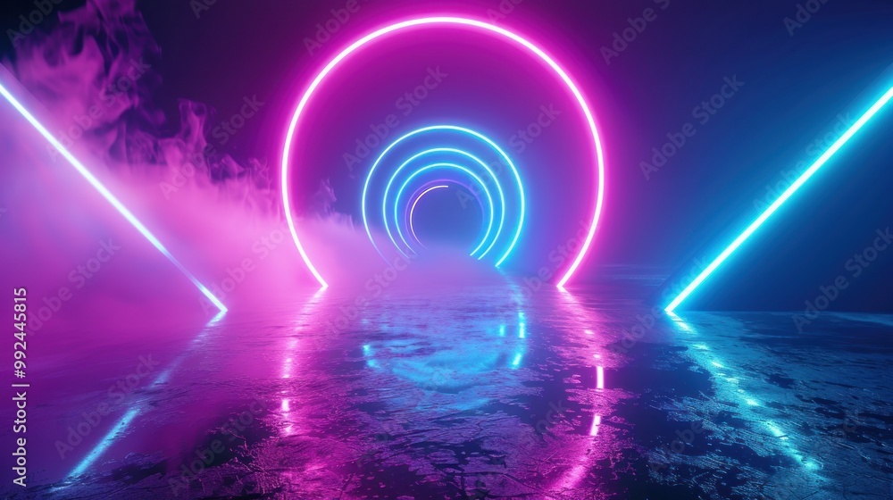 Poster esoteric circle corridor of neon lights on ultraviolet abstract background ai generated image