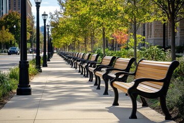 Row wooden benches sidewalk city are arranged neat neatly