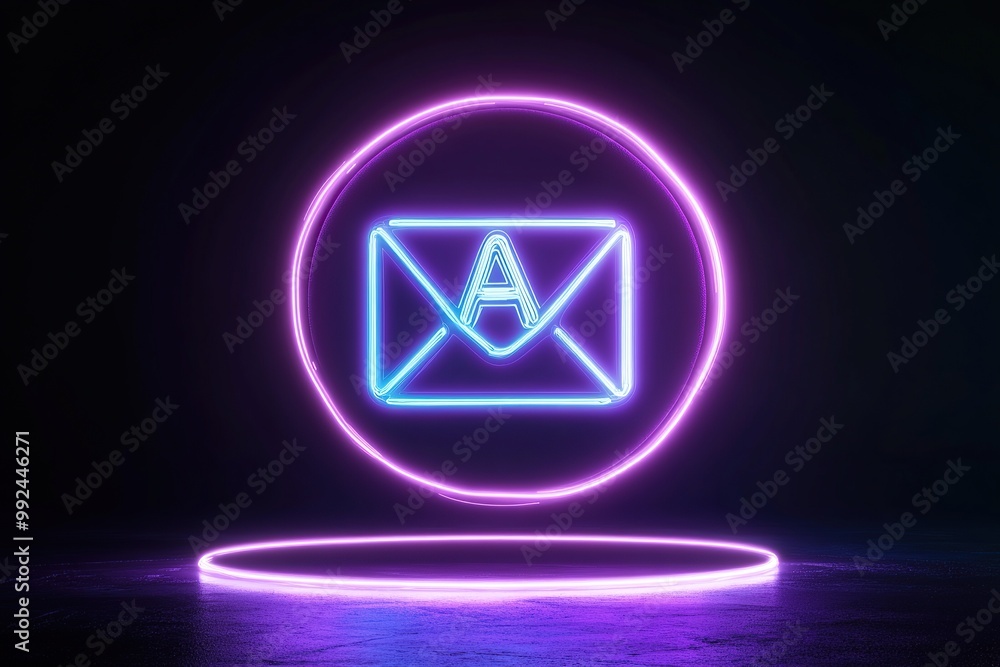 Fototapete a neon icon of an email with the ai letters on it floating in space, with dark background and purple