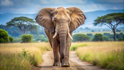 Elephant walking towards camera at a diagonal angle, Elephant, safari, wildlife, majestic, mammal, tusks, trunk, Africa, large, powerful