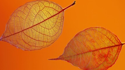 autumn leaves, orange background, nature details, natural patterns, texture in focus Two delicate leaves in warm tones with intricate veins, symbolizing change and beauty of fall