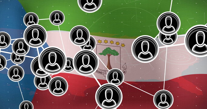 Network of user icons image over Equatorial Guinea flag background - Powered by Adobe