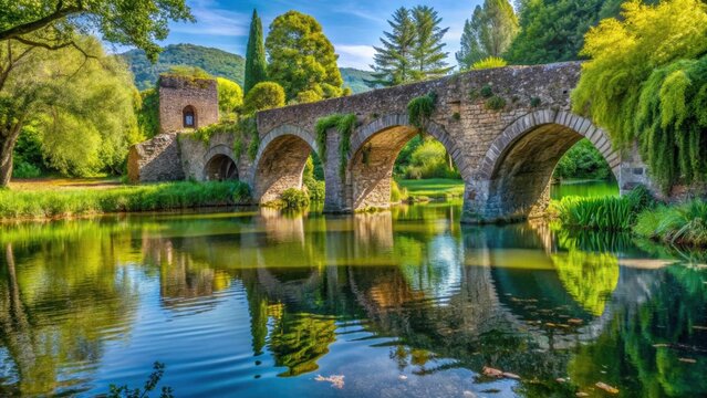 Relaxing view of the medieval stone bridge over the lake in the Garden of Ninfa, Italy, medieval, stone bridge, lake, garden