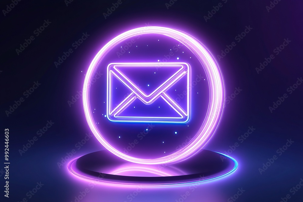 Fototapete a neon icon of an email with the ai letters on it floating in space, with dark background and purple