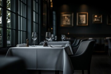Dimly lit dining room long table center is Clean kitchen in high-end