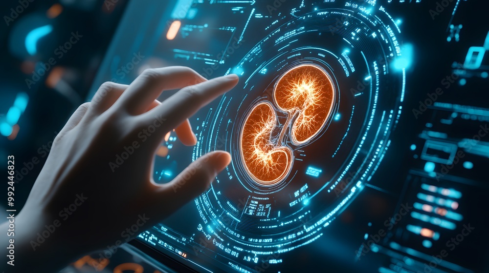 Poster a hand interacting with a digital interface displaying an illuminated kidney