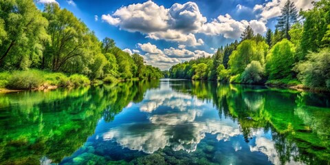 Naklejka premium River's crystal waters reflect majestic forest's kaleidoscope of greens, from emerald to olive, against a brilliant blue sky with wispy clouds, in perfect symphony with nature's harmony.