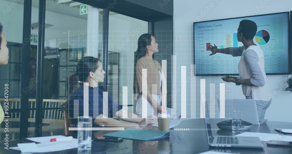 Poster bar graph image over business meeting with diverse team analyzing sales data