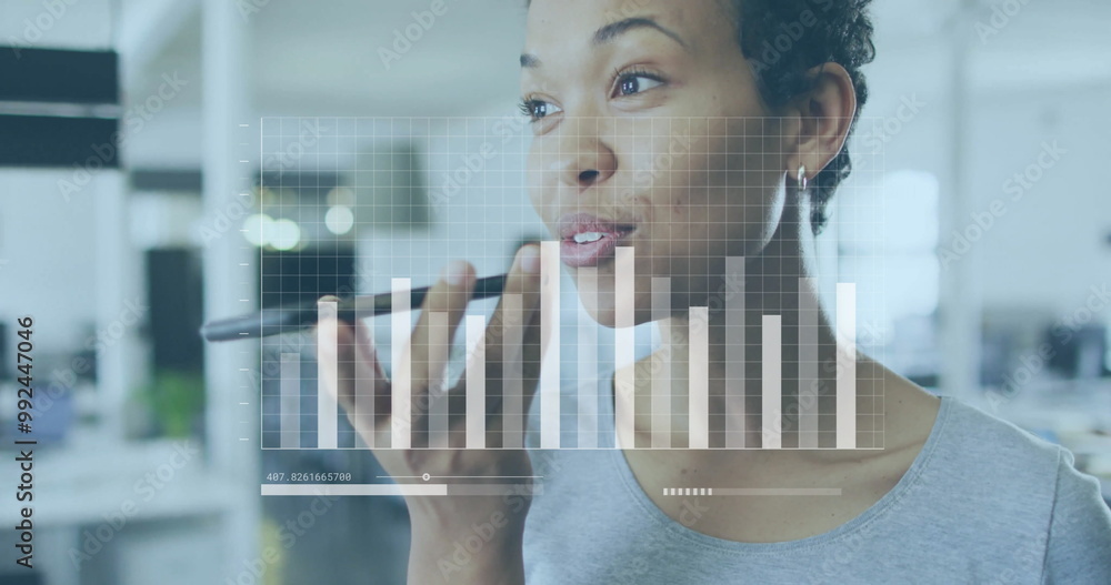 Poster speaking into smartphone, woman with bar graphs and data processing image