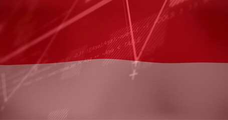 Mathematical graph and equations image over red and white waving flag