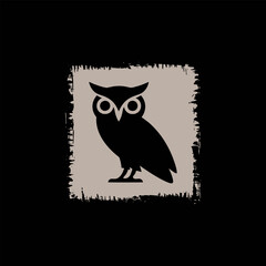 A black owl silhouette standing tall within a rough, rectangular frame