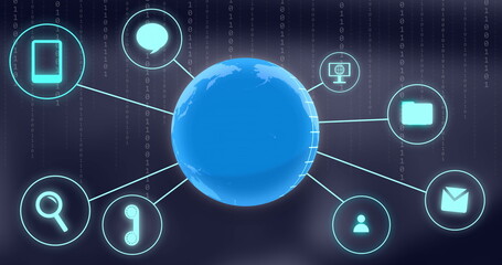 Image of central blue globe with network of communication icons over binary data