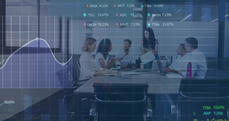 Image of financial data processing over diverse business people in office