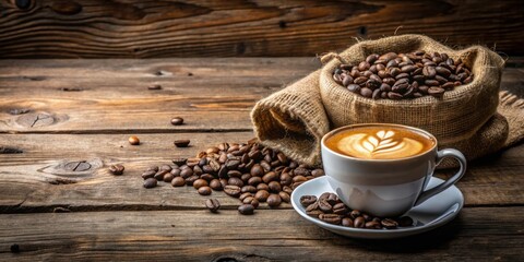 Cup of coffee latte and coffee beans in burlap sack on old wooden background, coffee, latte, beans, burlap, sack, wooden