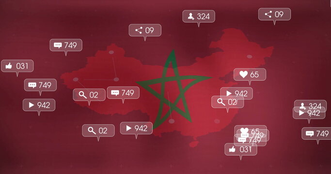Social media interaction icons image over map of Morocco - Powered by Adobe