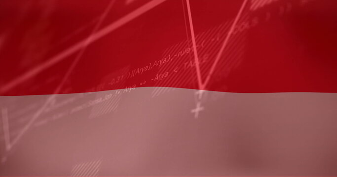Mathematical graph and equations image over red and white waving flag