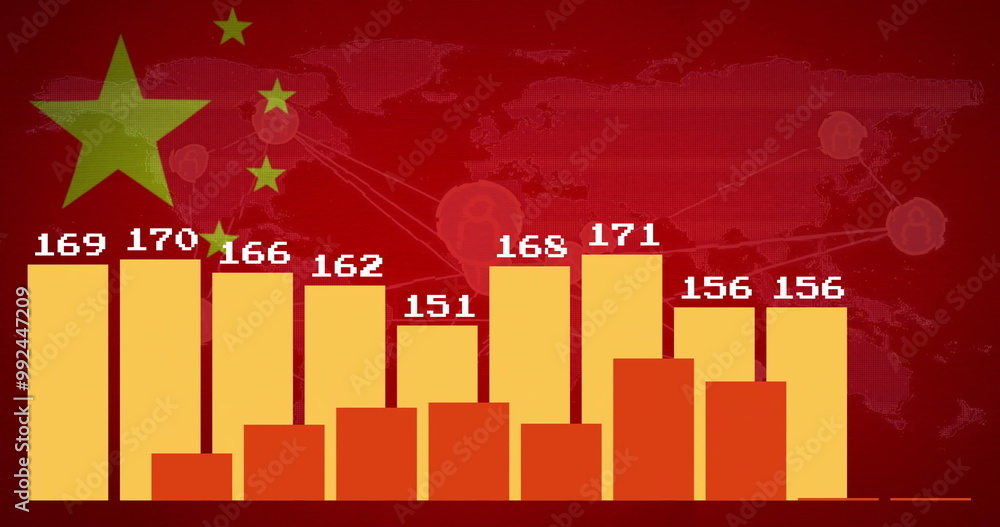 Poster bar chart with numbers over red background with china flag and network image