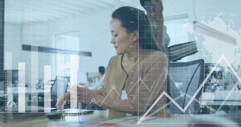 Poster analyzing data charts and graphs, woman working in modern office image