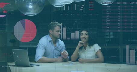 Image of financial data processing over diverse business people in office