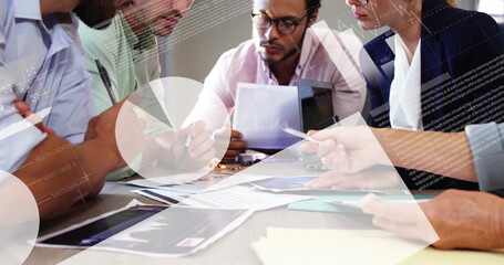 Image of financial data processing over diverse business people in office