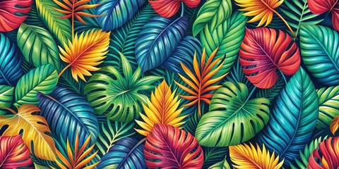 Naklejka premium Colorful seamless pattern of tropical leaves, tropical, leaves, seamless, pattern, colorful, exotic, background, jungle