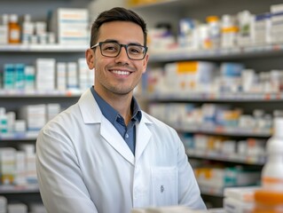 Fototapeta premium Young man white lab coat glasses standing behind Friendly pharmacist assisting customers