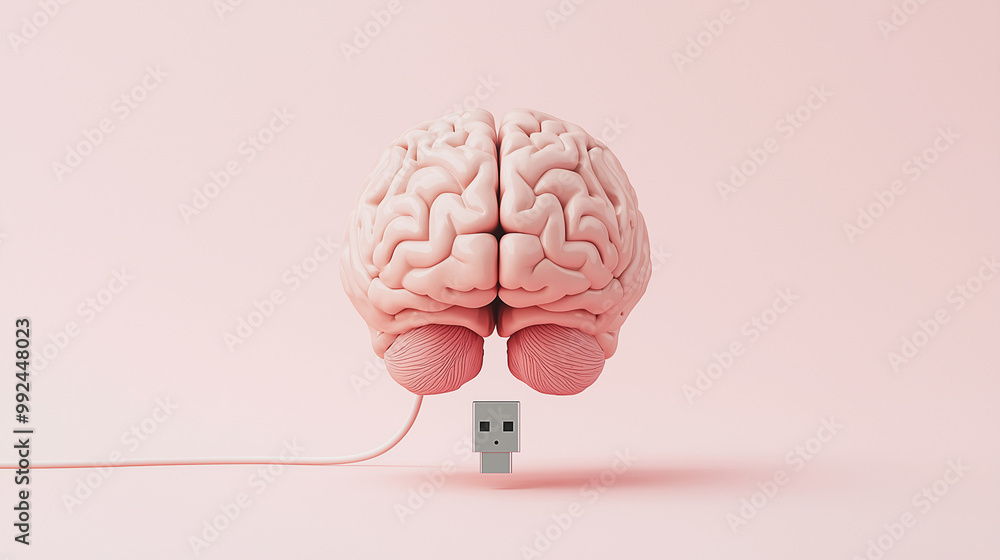 Poster brain power: a 3d rendering of a human brain connected to a usb drive, symbolizing the power of tech