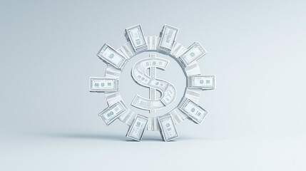 Naklejka premium Dollar Sign Icon Symbol in Circle of Money: A minimalist rendering of a dollar sign icon encased within a ring of stylized dollar bills, symbolizing financial abundance and economic growth.