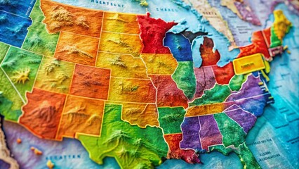 Colorful Highlighted States Map of the United States Illustrating Geographical Regions and Features