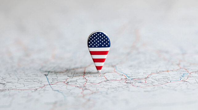 American Dream: A symbolic American flag pin on a map, signifying travel, exploration, and the pursuit of the American dream. This image evokes a sense of adventure, wanderlust.